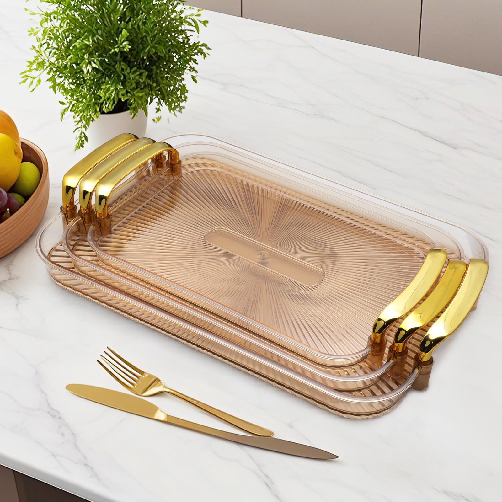 3-Pack Serving Tray with Handles, Platters for Serving Food Turkey Cookie Appetizer Snack, Reusable Plastic, Stackable, for Holiday, Party, White