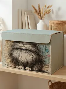 Cat Pattern Storage Box, 2D Print Felt Material, Lids Included, Ideal for Clothes Snacks Documents, Perfect for Renters Students Moms