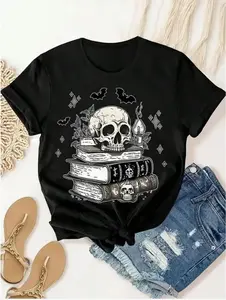 Dark Academia Skull Books Bats Short Sleeve Cotton T-Shirt, 100% Cotton, Witchy Gothic Casual Summer Tee