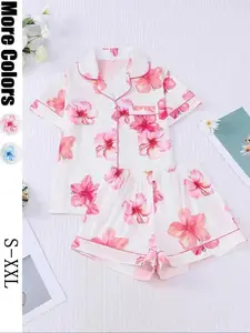 Women's All Over Hawaiian flower Print Crop Shirt & Pajama Shorts Pyjama Two-piece Set, Casual Comfy Short Sleeve Top & Pj Ladies Sleepwear for Seasons, Loungewear, Basic, Coord Set, Versatile, Comfort