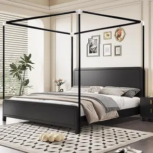 Stainless Bed Frame Queen Size, Sturdy Post Poles Thicken Queen Size Frame for Bed Wood Bed Bedroom Decor, Black