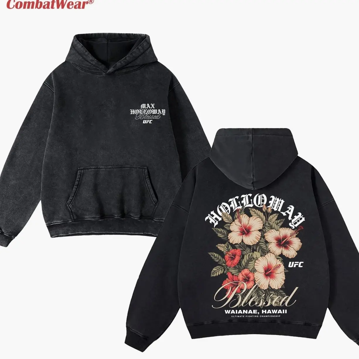 Max Holloway "Blessed" Hawaii Hibicus Acid Wash Hoodie, UFC 318 BMF Vintage Washed Hoodie, UFC MMA Washed Hoodie, Gift for Fighters, Gift for UFC Fans SSW