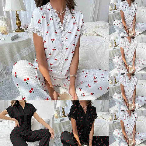 FEITAI Women's 2-Piece Cherry Pajama Set - Short Sleeve Button-Down Sleepwear, Soft Fabric, Loose Fit, Lace-Trimmed Bottoms, Lounge Wear