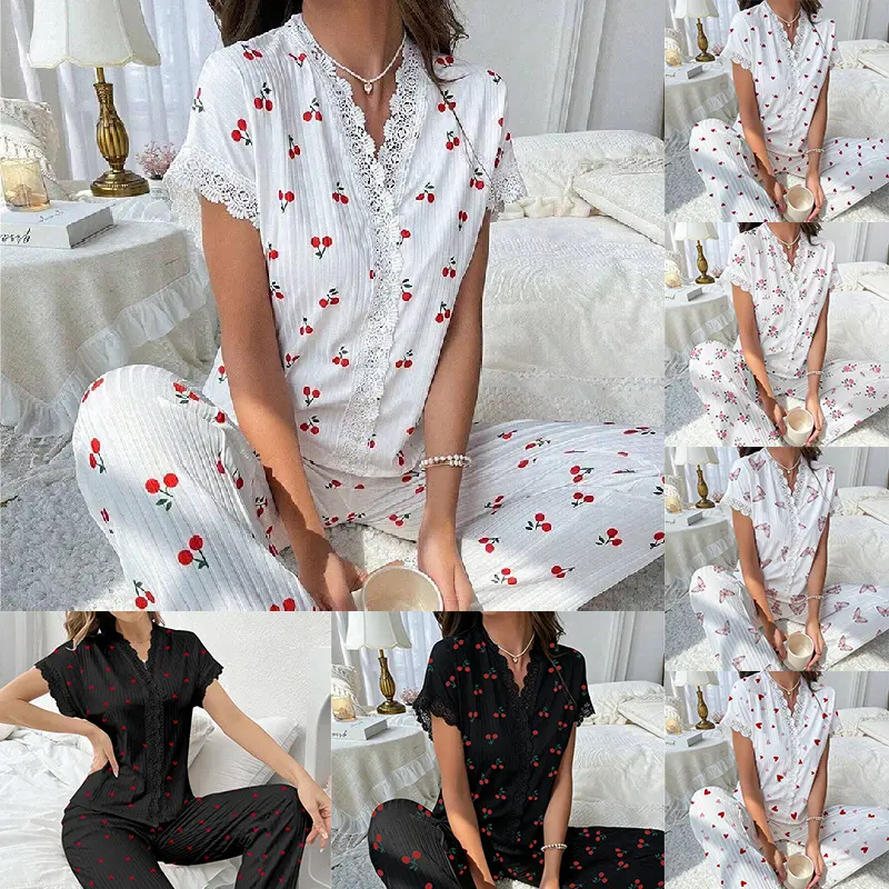 FEITAI Women's 2-Piece Cherry Pajama Set - Short Sleeve Button-Down Sleepwear, Soft Fabric, Loose Fit, Lace-Trimmed Bottoms, Lounge Wear