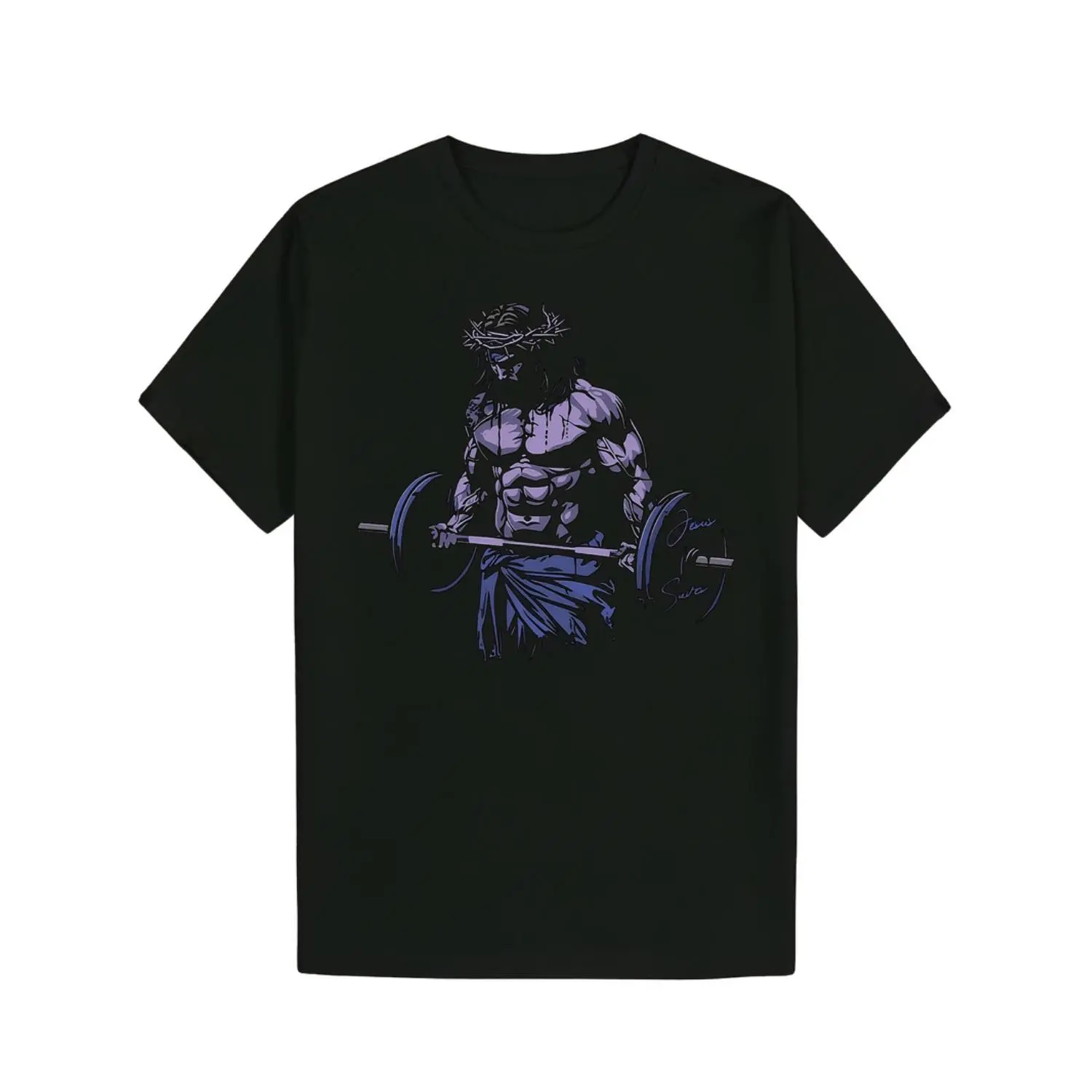 Men's Black Crewneck Cotton T-Shirt, Bodybuilder Jesus Graphic Top, Artistic Weightlifting Print, 100% Polyester Blend, Regular Fit, Machine Washable, Summer Gym & Casual Workout Apparel