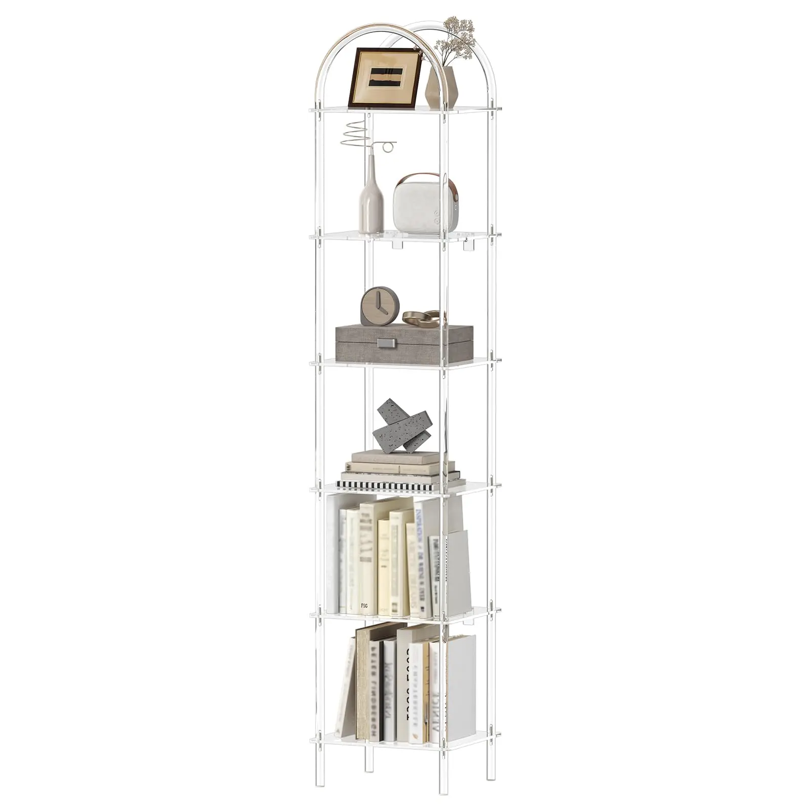 6-Tier Tall Acrylic Arched Bookcase, 13.8''W x 11.8''D x 68.4''H, Clear Narrow Bookshelf for Small Space, Open Book Shelves for Home Office, Living Room, Bedroom, Modern