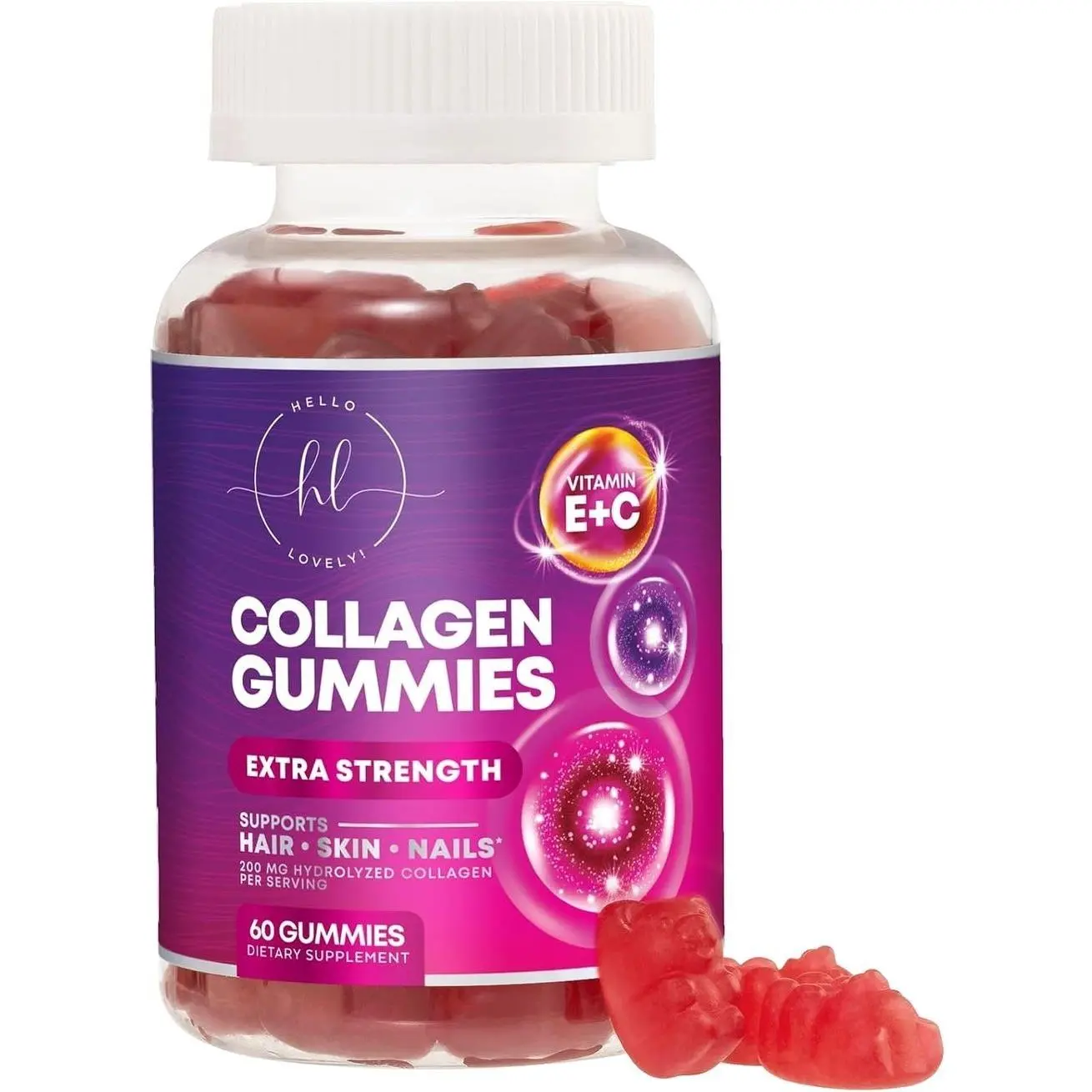 Collagen Peptides Gummies with 2500 mcg Biotin - Hydrolyzed Protein Type I & III Multi Collagen Supplement with Vitamin C & Zinc - Support for Hair, Skin, Nails, Tasty Pomegranate Flavor - 60 Gummies