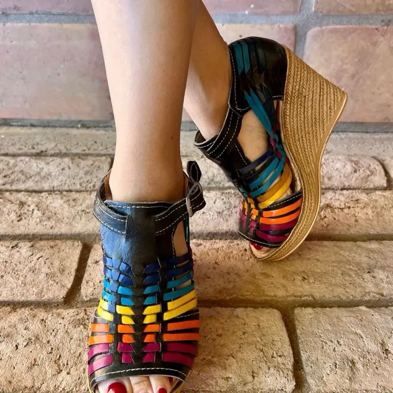 Leather Wedges Handmade hecho en México Platform Women's Shoes  Open Toe Comfortable for All Seasons multicolor Casual Flatform Footwear