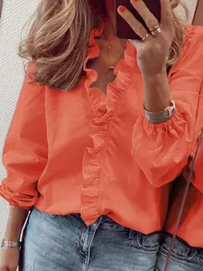 Elegant Women's V Neck Long Sleeve Shirt Blouse, Pure Color Ruffle Design, Comfortable Casual Top for Spring & Fall Seasons