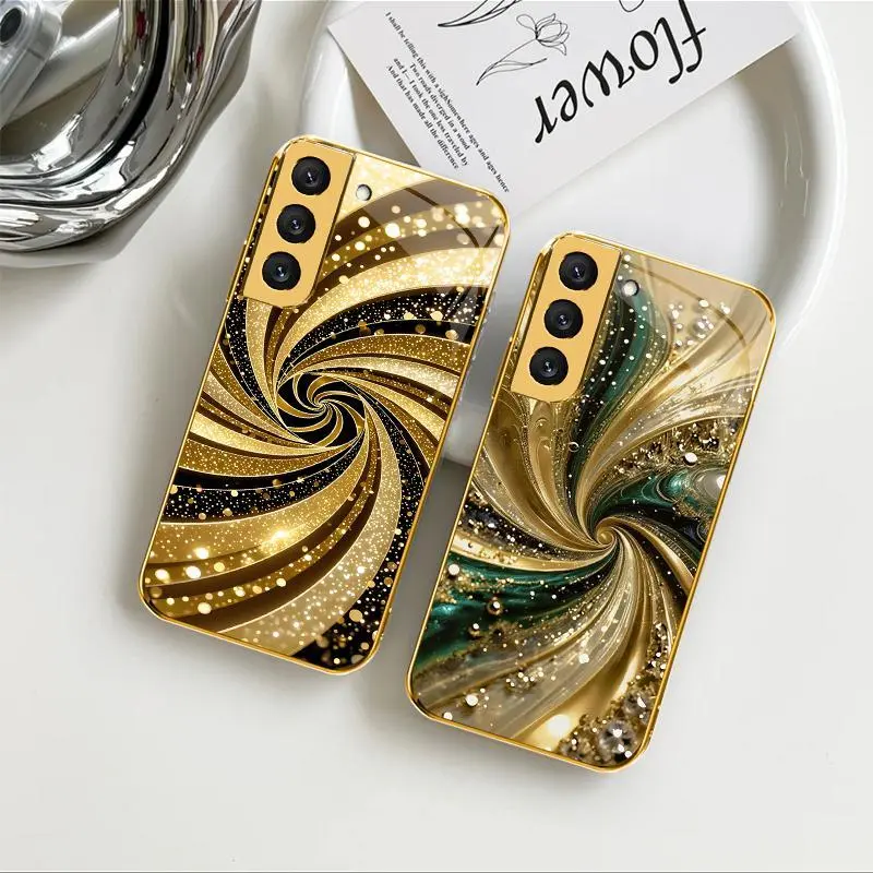 Luxury Gold-Plated Edge Case Liquid Swirl Glitter Glass Cover for Galaxy S22 5G ---975