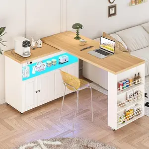 84’’ Rolling Kitchen Island with 360° Swivel Table, LED Lights & Charging Station, Movable Kitchen Cart Storage Cabinet on Wheels for Kitchen Living Room Home Bar