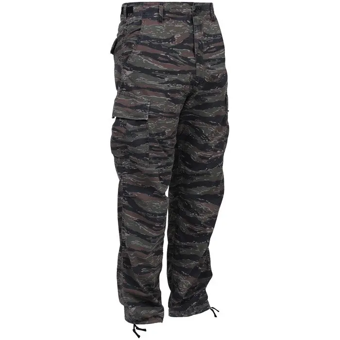 Men's Tiger Stripe Camouflage Tactical BDU Pants - Casual Polyester-Cotton Twill Cargo Fatigues with Belt, Button Fly, Uniform Design, Menswear, Pleated, Fashion, Sports, Pocket, Trouser, Fashion Apparel, Belt Loops, Camo Print, Poly-Cotton