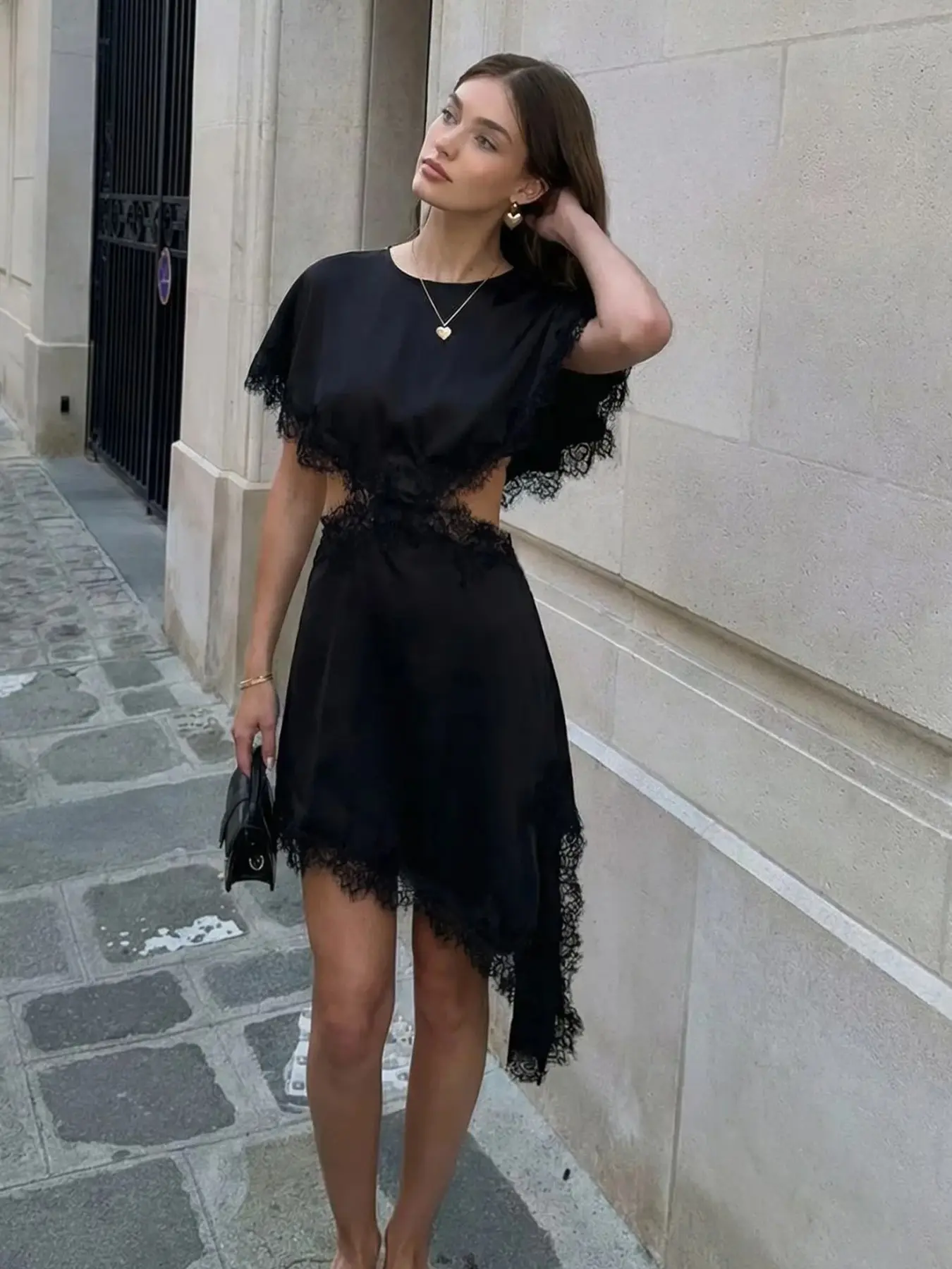 Cut Out Lace Dress Woman Asymmetric Sexy Party Dresses Cape Sleeve Women's Evening Dress Slit Luxury Black Brown Dress Satin Prom Gala Dress Cap Sleeve Gown