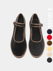 Women's Spring Summer New Retro Round Toe Velvet Flat Shoes, Casual Flats, Elegant Adjustable Buckle Mary Jane, Comfortable Soft Sole, Casual Commute