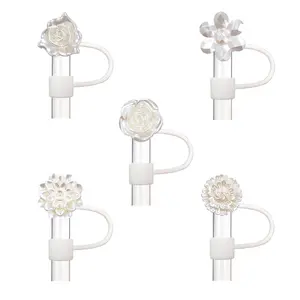 2024 Kitchen Gadgets Soft Silicone Straw Cover (5 Counts), Flower Design Dust-proof Straw Topper, Straw Cover for Stanley Tumbler, Tumbler Straw Lid