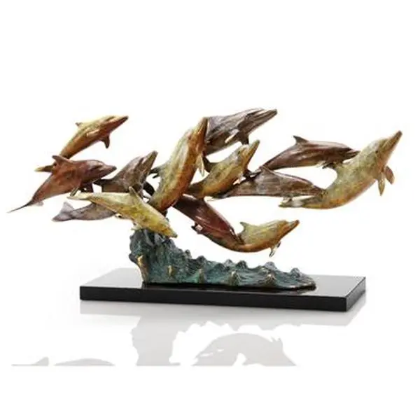 SPI Home - San Pacific Intl 80266 Realistic Art Brass & Marble Dozen Swimming Dolphins Sculpture, Ocean Life Home Decor Decoration Statue, Ornamental