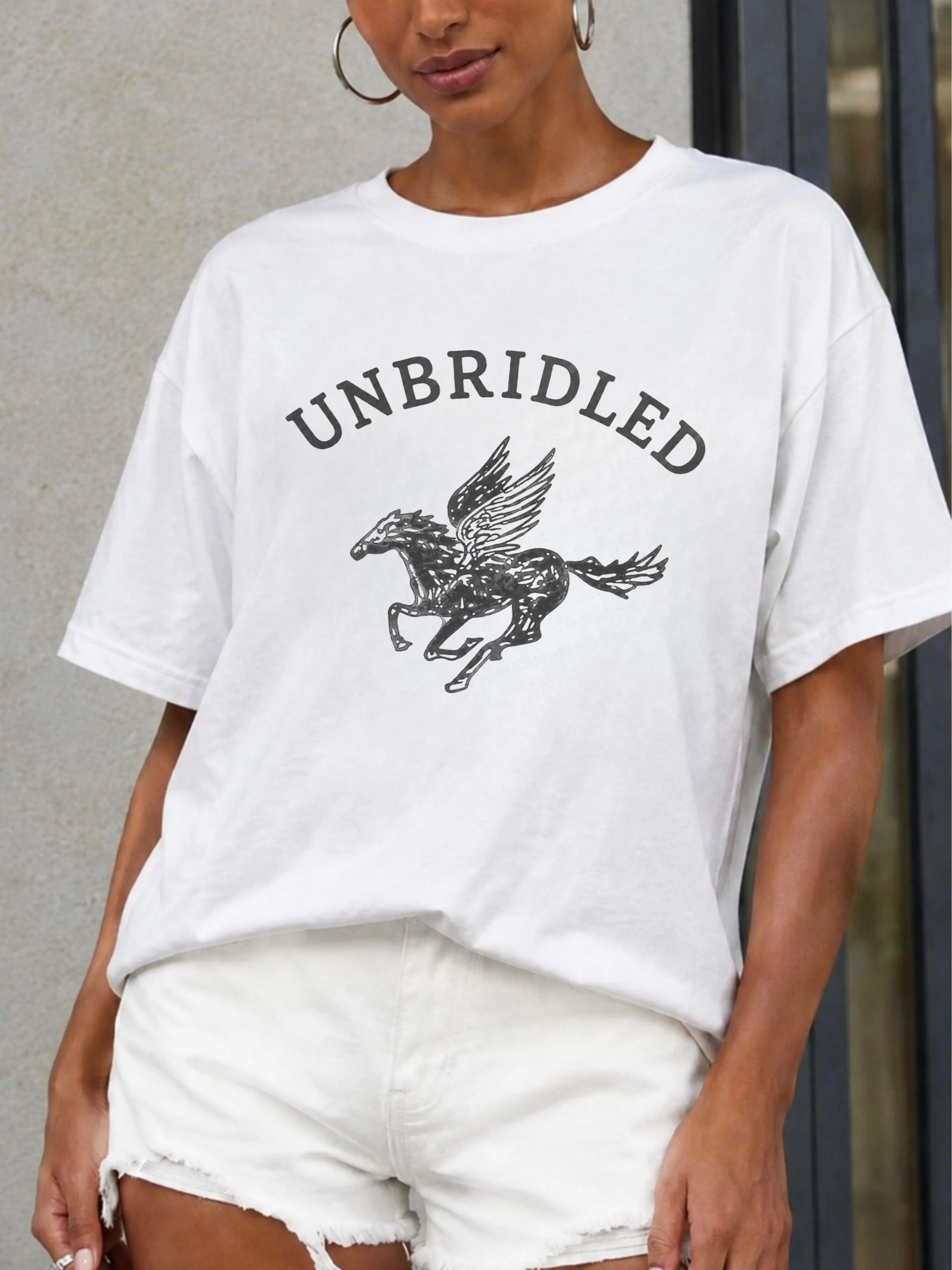 Organic UNBRIDLED Cotton Tee, Cute Pegasus Graphic T-Shirt, Inspirational Tshirt, Trending Top, Women's Fashion, Eco-Friendly, Sustainable, Unisex Fit [GOTS + OCS Certified]