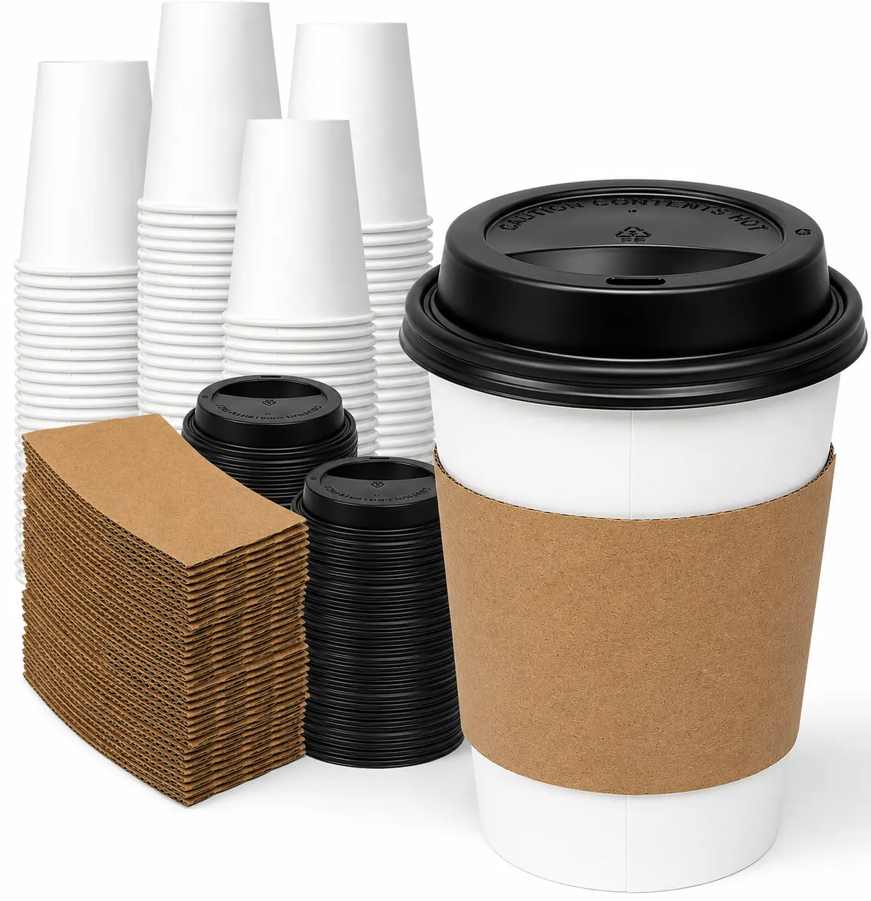 12 oz White Paper Coffee Cups with Black Lids & Kraft Sleeves – 100 Sets | Disposable Hot Coffee Cups | Leak-Resistant | Coffee, Tea & Hot Chocolate