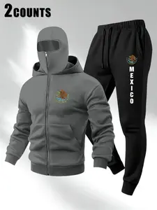 Men's Mexican Flag Eagle Snake Print Sweatshirt Set, Hooded Jacket + Sport Pants 2 Piece, Fall Winter Streetwear Essentials