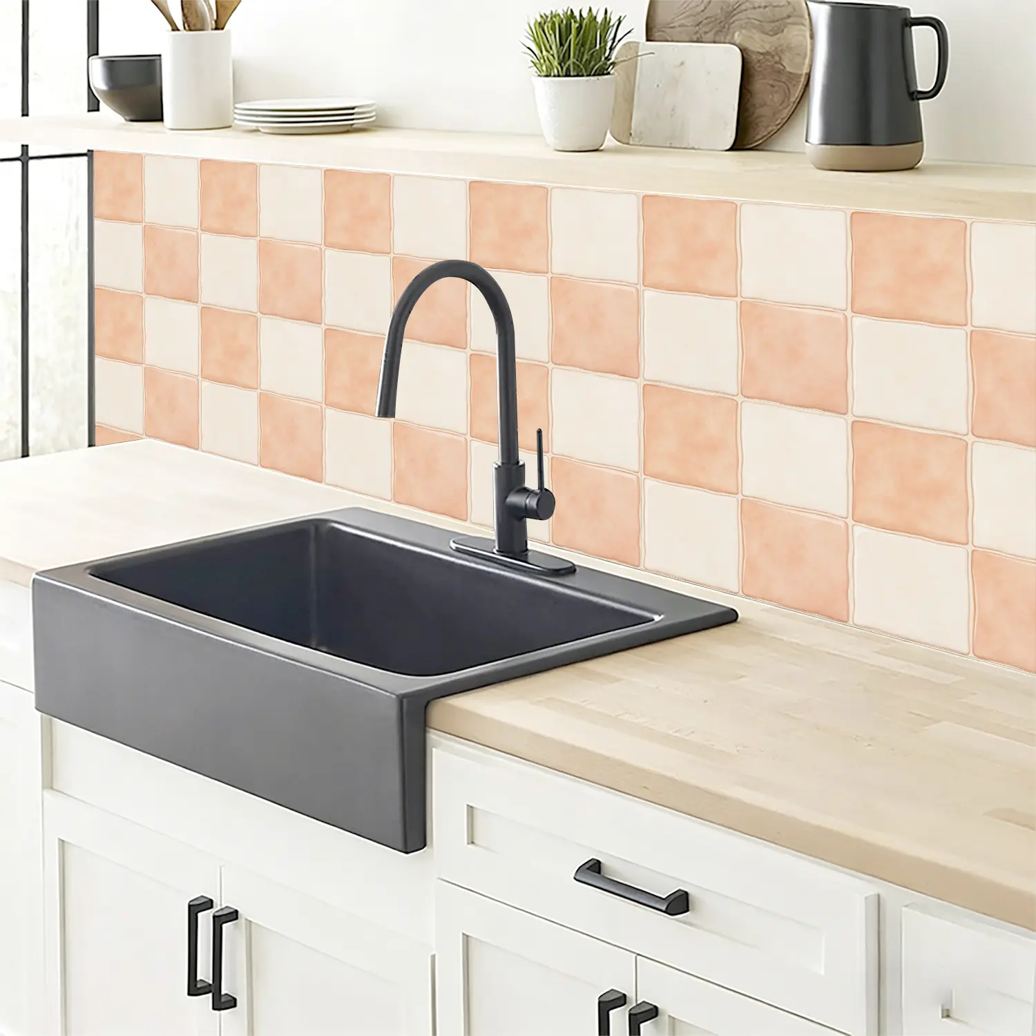10PCS Peel-and-Stick Coral-Beige Checkerboard Decorative Tiles Stickers, Waterproof Oilproof Removable Self-Adhesive Vinyl Wall Decals, Farmhouse Coastal Motif 3D Wall Panels Pack for Kitchen Bathroom Home Decor, Peel & Stick 3D Wall Panels