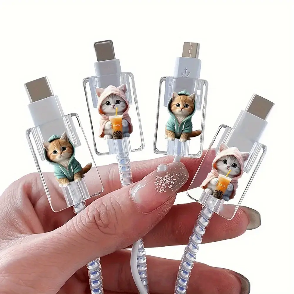 4-piece set of cat cable protectors, suitable for Apple iOS phone charging cable, cable protector to prevent breakage, cute cat data cable protector