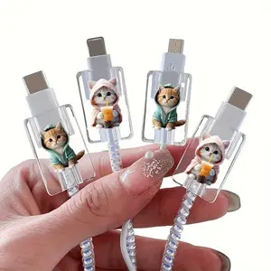 4-piece set of cat cable protectors, suitable for Apple iOS phone charging cable, cable protector to prevent breakage, cute cat data cable protector