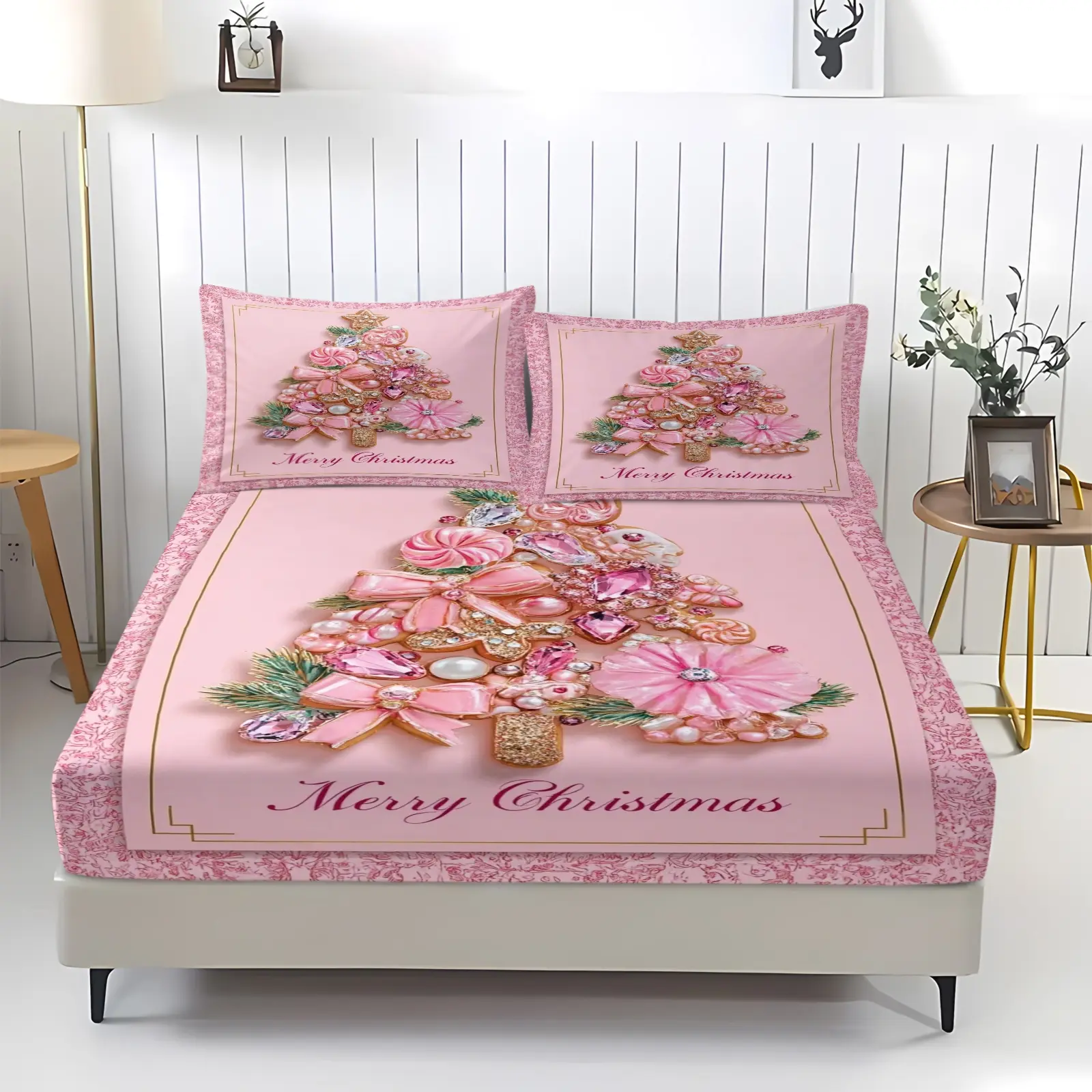 3-piece set of pink Christmas tree gingerbread jewelry patterned bed sheets, including 1 bed sheet and 2 pillowcases, anti slip dust cover suitable for bedrooms, suitable as a Christmas gift Bedsheet