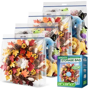 Extra Large Clear Wreath Storage Plastic Bag with Handle For Halloween Summer Christmas Decoration or Clothing Blanket Comforters Bed Sheets Pillows 4 Pack 28"x28"x7"