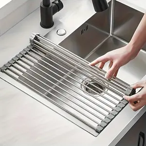 1pc, Roll Up Dish Drying Rack, Foldable kitchen countertop drain basket，Over The Sink Stainless Steel Multifunctional Dish Drain Rack, Portable Stainless Steel Rolling Rack, Sink Rack Mat, Kitchen Tools，Small storage tools