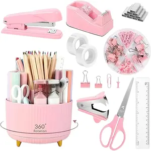 [New Deal] 10Pcs Pink Desk Accessories , 360-Degree Rotating Pen Holder, Stapler, Staple Remover, Tape Dispenser,2pcs Tape Refills, Binder Paper Clips Kit, Scissor,Pink Office Supplies