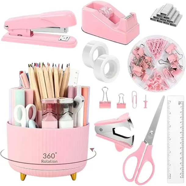 10Pcs Pink Desk Accessories , 360-Degree Rotating Pen Holder, Stapler, Staple Remover, Tape Dispenser,2pcs Tape Refills, Binder Paper Clips Kit, Scissor,Pink Office Supplies, Office Accessories, Desk Accessory