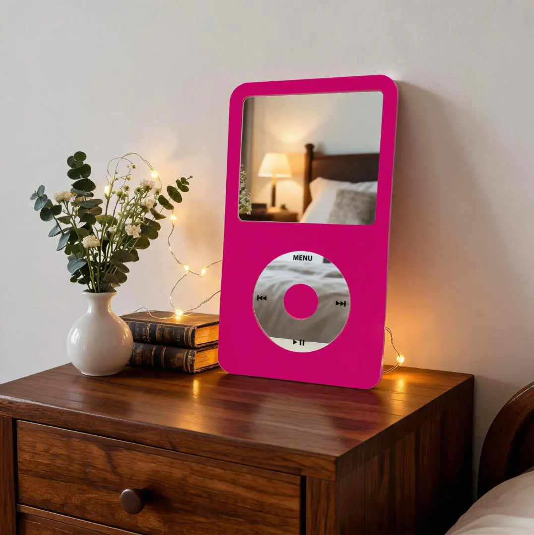 Y2K MP3 Player Mirror Wall Decor, Pink Acrylic Decorative Makeup Mirror, Retro Aesthetic Bedroom & Dorm Room Decor, Vanity Mirror for Gallery Wall, 16.14 x 9.84 Inches