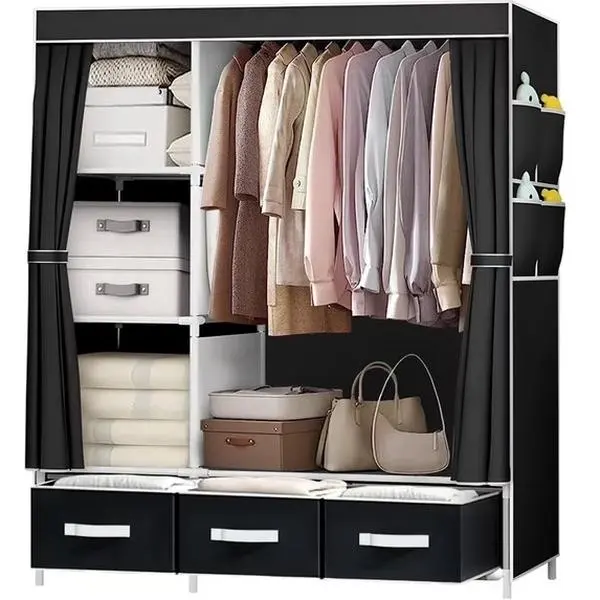 Portable Closet,Portable Wardrobe Closet Storage with 3 Hanging Rods,6 Storage Shelves,Side Pocket for Clothes Storage Organizer