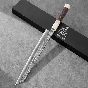 YUANREN 12" K-Tip Yanagiba 1-Sided Sashimi Knife D7A Stainless Steel Damascus 67 Layers Kataba (Chisel Ground / Single Bevel) Urasuki (Concave Grind / Curved Side) Red Burled Stabilized Wooden Handle Creamy White Pearl-Like Finish Cap and Base