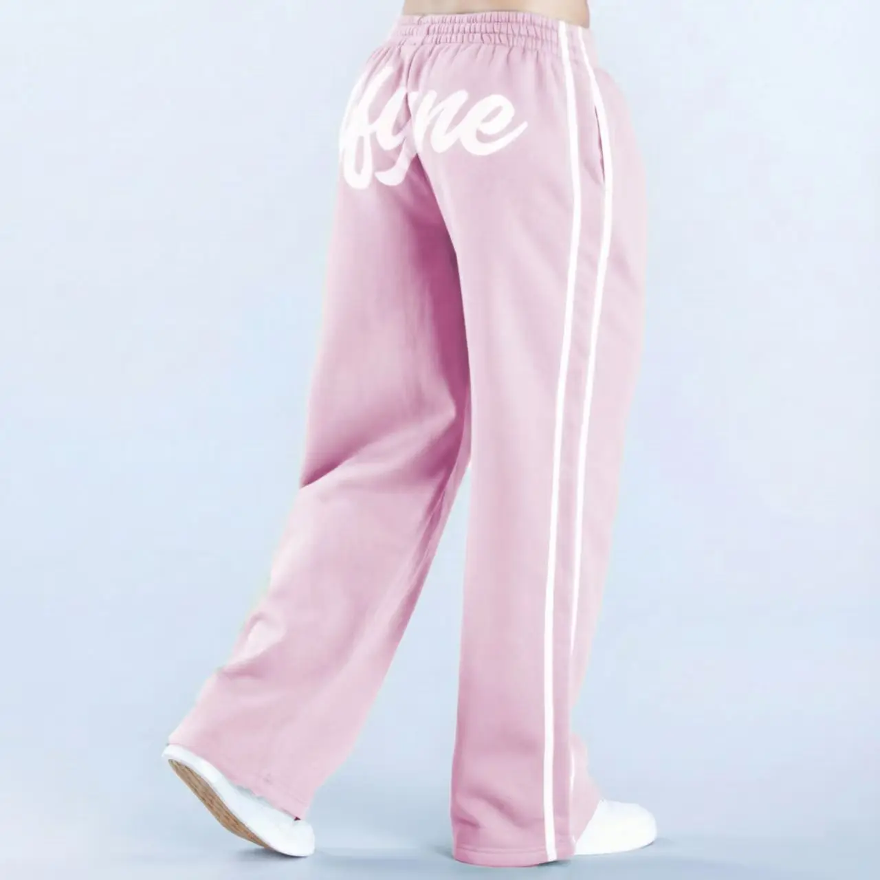 DFYNE Side Stripe Drawstring Wide LegSweatpants, Back Large Logo Print Loose FitCasual Track Pants, Soft Breathable Stretch JoggerTrousers For Gym Workout Streetwear DailyAthleisure Outfits,