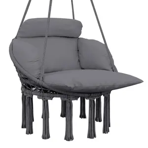 Outsunny Patio Outdoor Furniture Hammock Swing Chair, Cream White Cotton Rope Macrame Hanging Chair with Large Cushion & Chain, 265 LBS Capacity for Indoor, Patio, Balcony