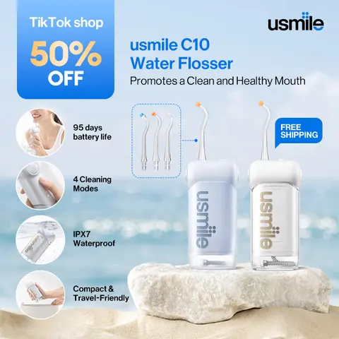 usmile C10 New Cordless Portable Oral Irrigator - Rechargeable Water Flosser, 99% Plaque Removal, IPX7 Waterproof, 95-Day Battery Life, 3 Tips (Incl. 1 Guidance Tip Nozzle), Adjustable Settings, Charging Cable Included, Single Unit Tooth Flosser