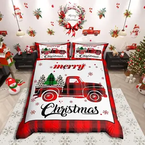 Xmas Truck Duvet Cover Set,Christmas Tree Snowflake Print Bedding Set for Kids Boys Girls Bedroom Decor,New Year Theme Red Plaid Print Comforter Cover,No Comforter