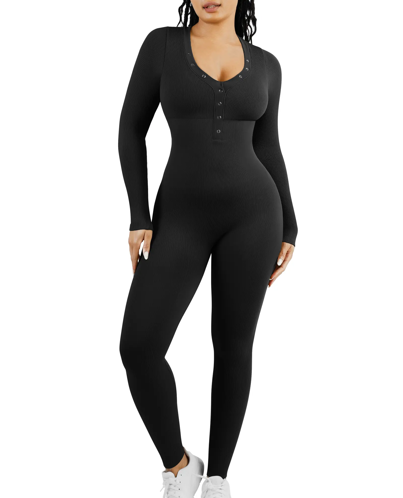 FeelinGirl Women's Long Sleeve V-neck Bodycon Jumpsuit One-piece Seamless Ribbed Romper  Long Skinny Pants Bodysuit Lady dealsforyoudays
