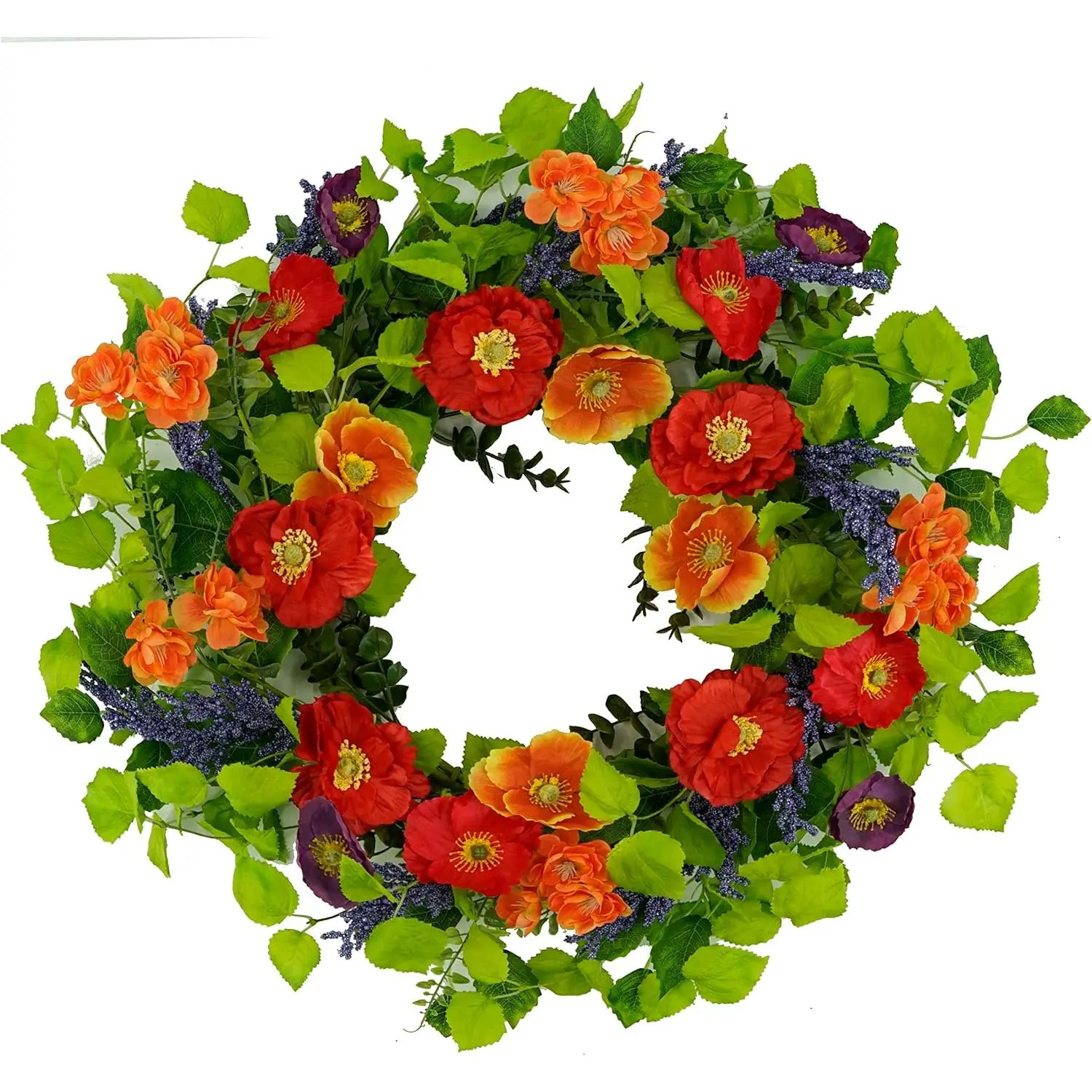 22-in Farmhouse Synthetic Floral Wreath - Red Poppy with Lavender Accents, Cherry Blossoms, for Front Door, Indoor Outdoor Spring Summer Home Decor, 22 Inch