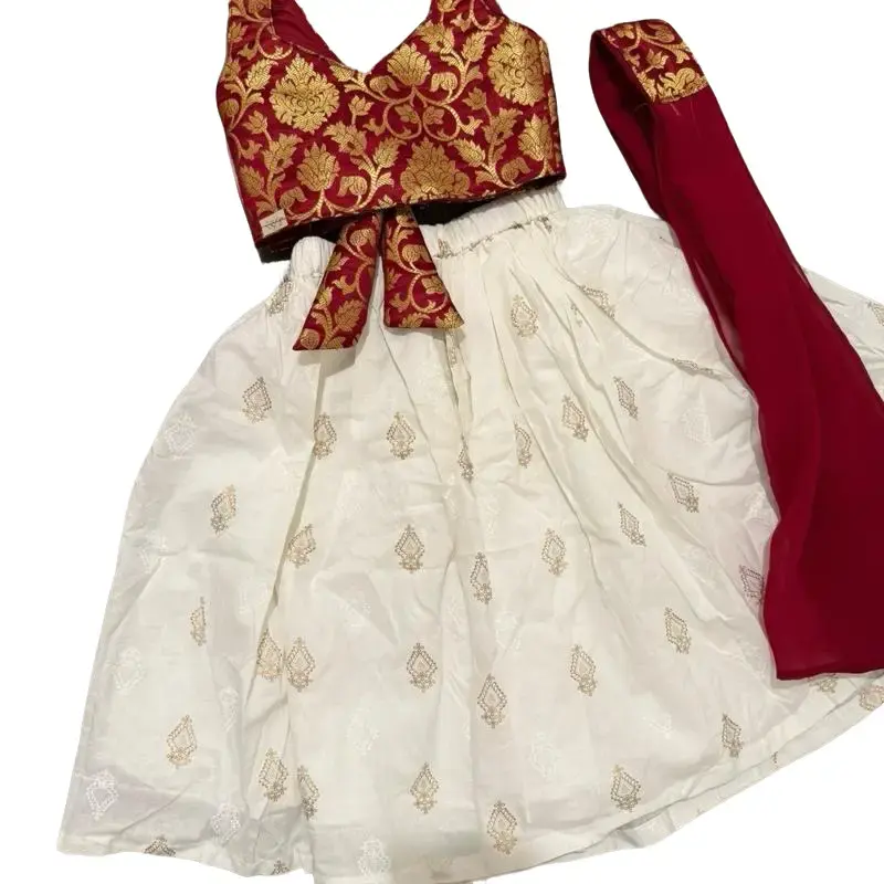 Lehenga Choli Set Size 24 26 34 - Maroon and White Color with Gold Embroidery Design