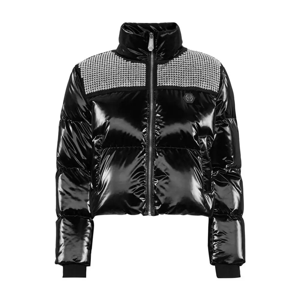 Women Crystal Embellished Glossy Nylon Puffer Jacket by Hide Crafts