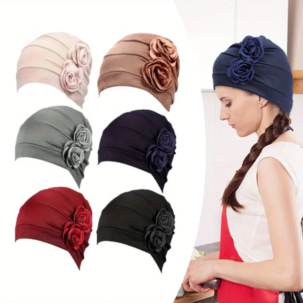 Women's 6pcs Cotton Chemo Caps with Soft Scarf Material - Floral Turbans, Stretchy Beanies, Comfortable Hair Bonnets, Flower-Accent Headwraps (Sports & Outdoor Hats)