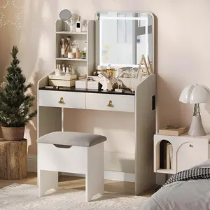 Vanity Desk with LED Light Mirror and Charging Station,Small Makeup Vanities Set with 2 Drawers,Vanity for Girls Women with Storage Stool