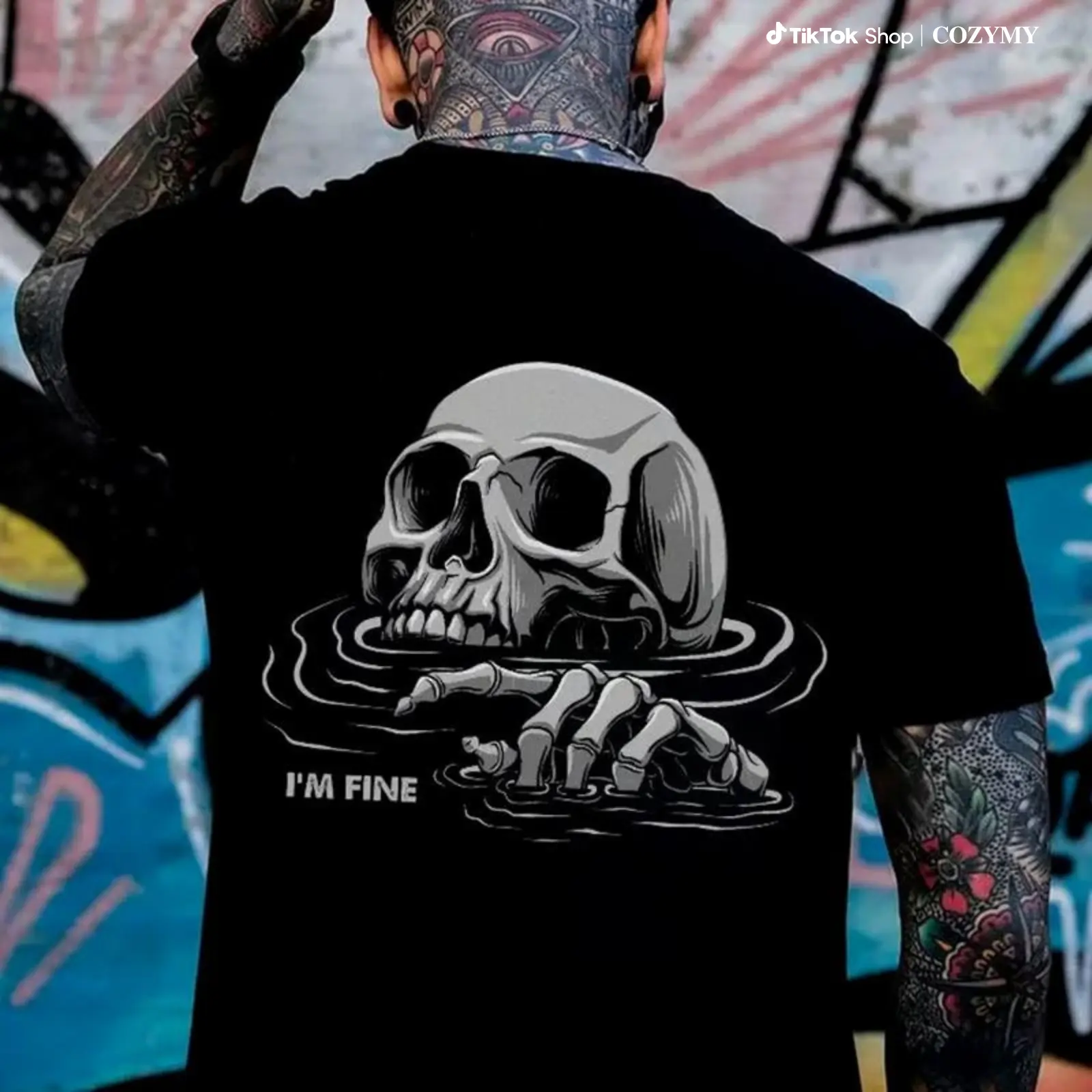I'M FINE Drowning Skull Black Print Men’s Unisex Fashion Soft Fabric ShortSleeve Regular Fit Casual Streetwear Crewneck Graphic Tropical