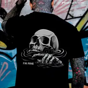 I'M FINE Drowning Skull Black Print Men’s Unisex Fashion Soft Fabric ShortSleeve Regular Fit Casual Streetwear Crewneck Graphic Tropical