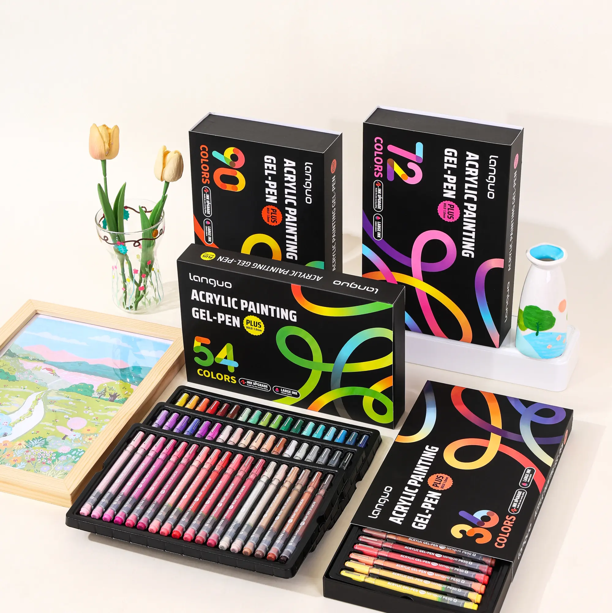 Languo Acrylic Painting Gel Pens Set 36/54/72/90 1.0mm Bullet Tip Smooth Ink Flow Vibrant Opaque Colors Larger Capacity for Coloring Art Crafts art supplies acrylic paint markers markers for coloring