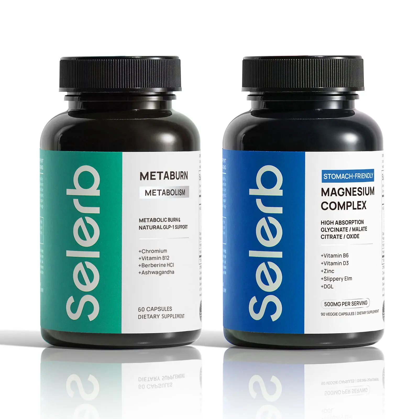 Selerb Magnesium Complex + Metaburn Bundle Dietary Supplement - 4 Types of Magnesium, B6, D3, Zinc, Chromium, B12, Berberine HCI, Slippery Elm - Sleep Comfort, Muscle Relaxation