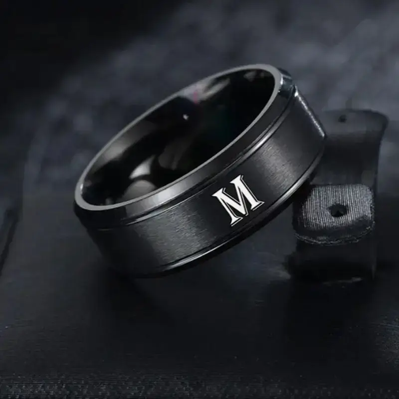 Fashion 26 English Letters Ring With Double Beveled Edges, Men's Stainless Steel Ring