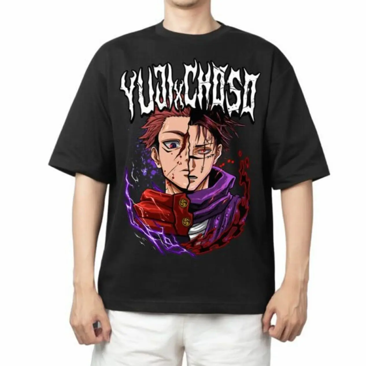 Limited Yuji Itadori Choso Split Face Graphic Merch Brotherhood Blood Manipulation Oversize T-shirt Unisex Jujutsu Kaisen Streetwear Top, Heavyweight Cotton Retro Anime Shirt, Gift for Anime Lover, Clothing for fans, Seamless Oversized.